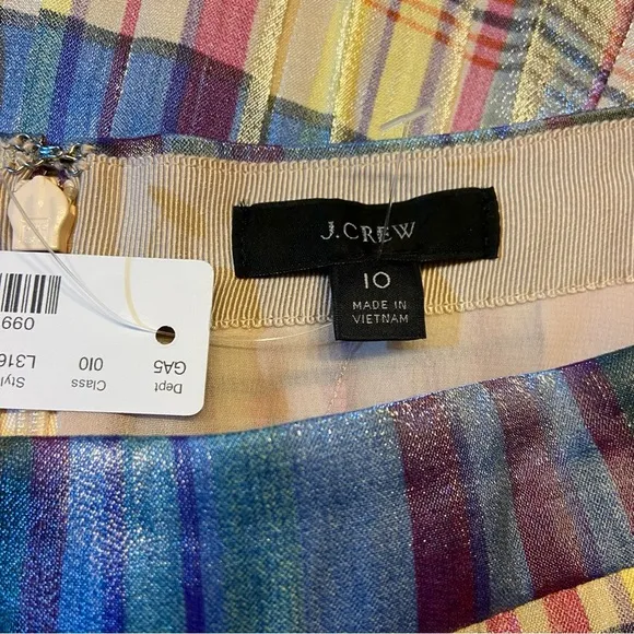 NWT J. Crew Pleated Midi Skirt in Shimmering Plaid Size 10 Rainbow Stripe