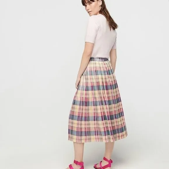NWT J. Crew Pleated Midi Skirt in Shimmering Plaid Size 10 Rainbow Stripe