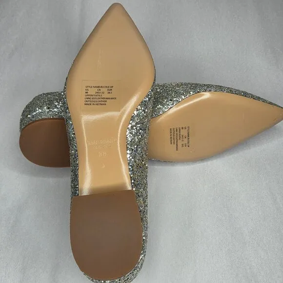 NWT Kate Spade Women's Buckle Up Glitter Flats Gold Silver