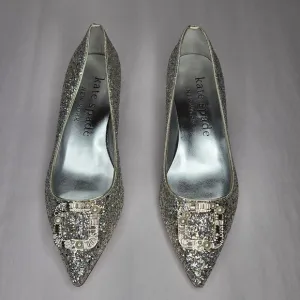 NWT Kate Spade Women's Buckle Up Glitter Flats Gold Silver