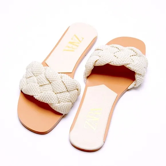 NWT New ZARA Pearl Braided Sandal Flat Slide 5 2854/610