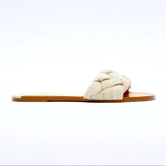 NWT New ZARA Pearl Braided Sandal Flat Slide 5 2854/610
