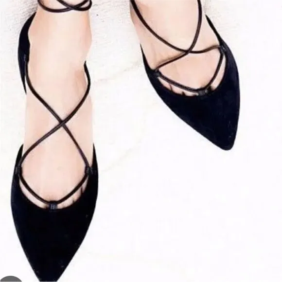 NWT Stuart Weitzman Black Suede Gilligan Ankle Wrap Ballet Flat