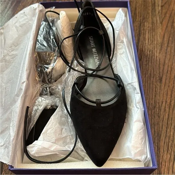 NWT Stuart Weitzman Black Suede Gilligan Ankle Wrap Ballet Flat