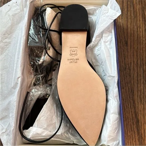 NWT Stuart Weitzman Black Suede Gilligan Ankle Wrap Ballet Flat
