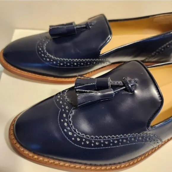 NWT Talbots Leighton Blue Polished Leather Tassel Brogue Loafers Sz.6.5 Ret $139