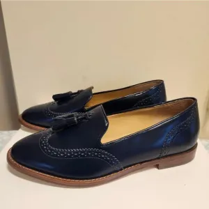 NWT Talbots Leighton Blue Polished Leather Tassel Brogue Loafers Sz.6.5 Ret $139