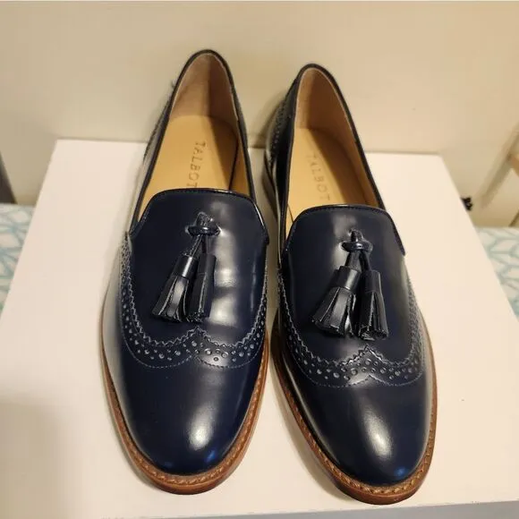 NWT Talbots Leighton Blue Polished Leather Tassel Brogue Loafers Sz.6.5 Ret $139