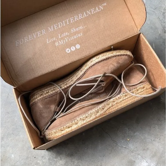 NWT VISCATA Fonda Suede Camel Ankle-Tie Espadrilles Flat Sandal, size 39