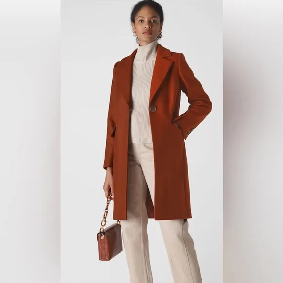 NWT WHISTLES Rust Clara Single Breasted Wool Coat size 8 US, 12 UK.