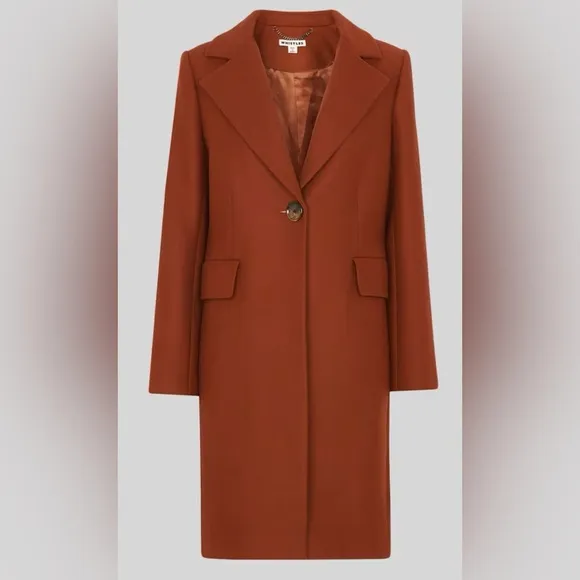 NWT WHISTLES Rust Clara Single Breasted Wool Coat size 8 US, 12 UK.