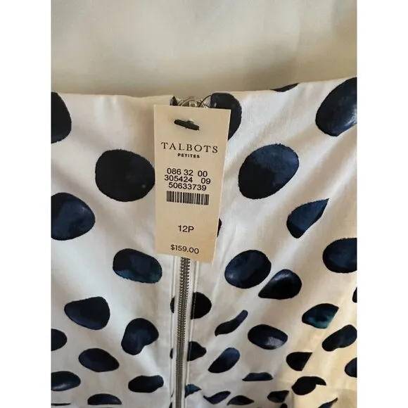 NWT Women's Talbots Size 12 Petite White Blue Water Dots Tiered Midi Sun Dress