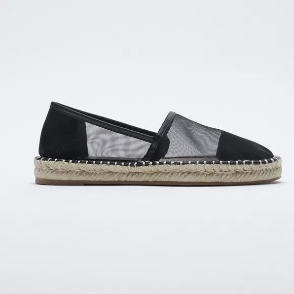 NWT. Zara Black Mesh Espadrilles Flat Espadrilles. Size 7,5.