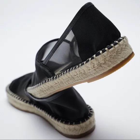 NWT. Zara Black Mesh Espadrilles Flat Espadrilles. Size 7,5.
