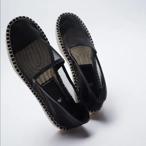 NWT. Zara Black Mesh Espadrilles Flat Espadrilles. Size 7,5.