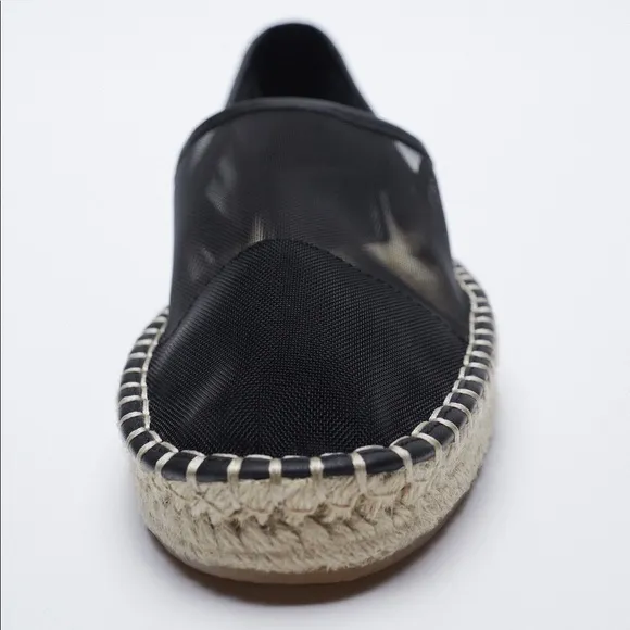 NWT. Zara Black Mesh Espadrilles Flat Espadrilles. Size 7,5.