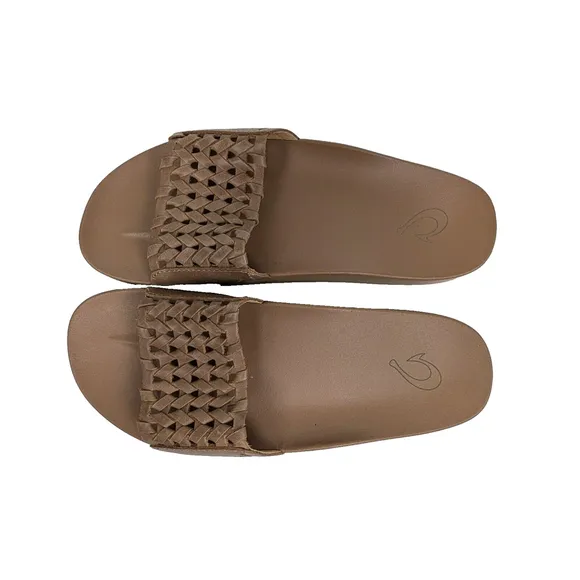 Olukai Kamola Sandal Slide Women's 6 Brown Woven Leather Beach Wet Grip Rubber
