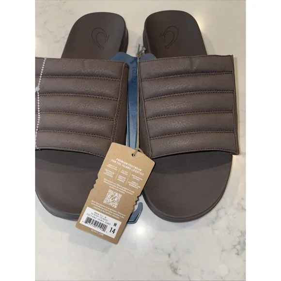 OluKai Maha Olu-Men's 14 Slides Sandal Dark Wood Brown Water Friendly Comfort