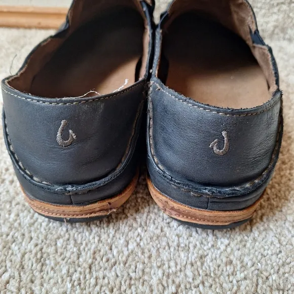 Olukai Moloa Mens Black Leather Slip On Loafers Size 11.5