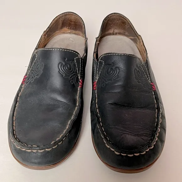 Olukai Nohea Nubuck Leather Slip On Loafer Black Size 6