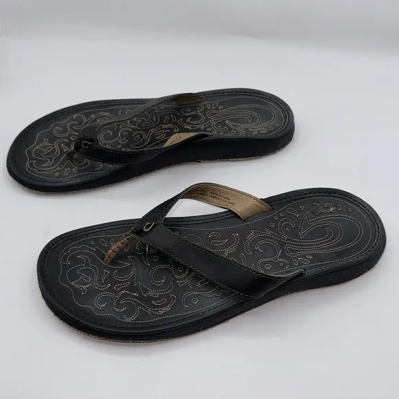 OLUKAI Paniolo Flip Flop Women's 8 Beach Sandals Brown Leather Slides Wet Grip