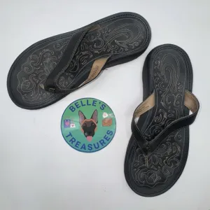 OLUKAI Paniolo Flip Flop Women's 8 Beach Sandals Brown Leather Slides Wet Grip