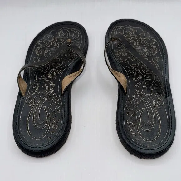 OLUKAI Paniolo Flip Flop Women's 8 Beach Sandals Brown Leather Slides Wet Grip