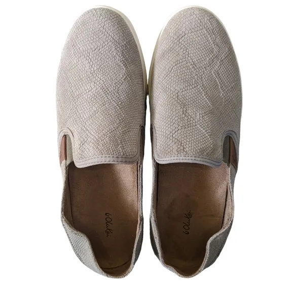 OluKai Pehuea Leather Slip On Drop In Heel Sneakers Snakeskin Tan Size 9
