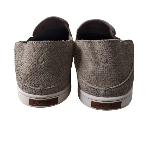 OluKai Pehuea Leather Slip On Drop In Heel Sneakers Snakeskin Tan Size 9