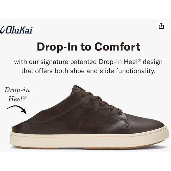 OLUKAI Pehuea Li 'ILI Brown Leather Sneakers Drop In Heel EU 39, Women's 9