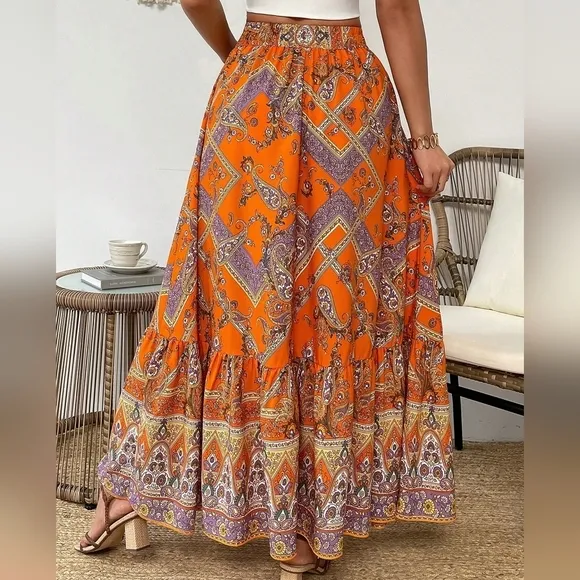 Paisley Floral Printed Skirt With Ruffled Hem