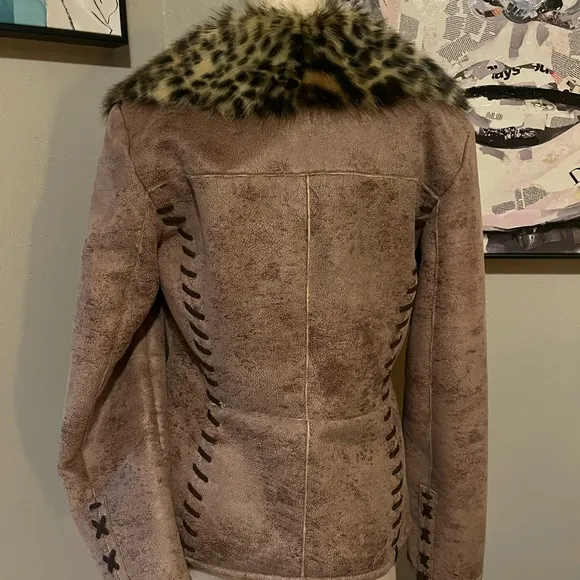 Pamela McCoy Leopard fur lined brown jacket