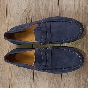 PARABOOT Mocassin Cousu Main Spain Blue Suede Leather Sz 8 Mens Slip‎ On Loafers