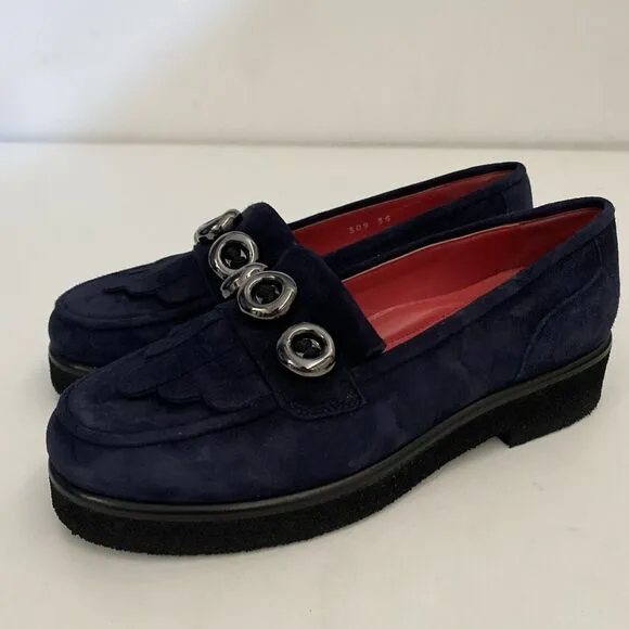 Pas De Rouge Navy Suede Loafer Shoe Casual Slip On Flat Button Round Moc…