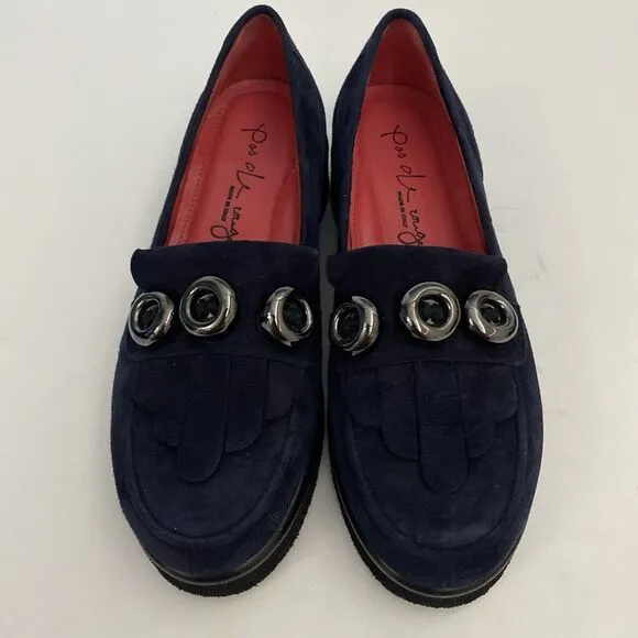 Pas De Rouge Navy Suede Loafer Shoe Casual Slip On Flat Button Round Moc…