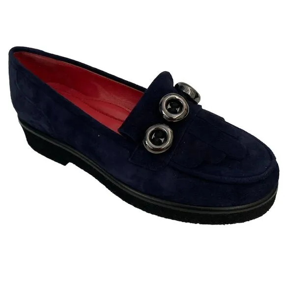 Pas De Rouge Navy Suede Loafer Shoe Casual Slip On Flat Button Round Moc…