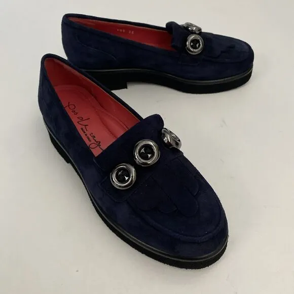 Pas De Rouge Navy Suede Loafer Shoe Casual Slip On Flat Button Round Moc…