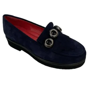 Pas De Rouge Navy Suede Loafer Shoe Casual Slip On Flat Button Round Moc…