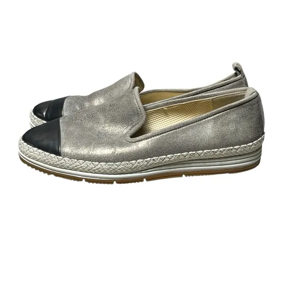 Paul Green Joaquin Leather Espadrille Loafer Silver Black Cap Toe US 7.5 / UK 5