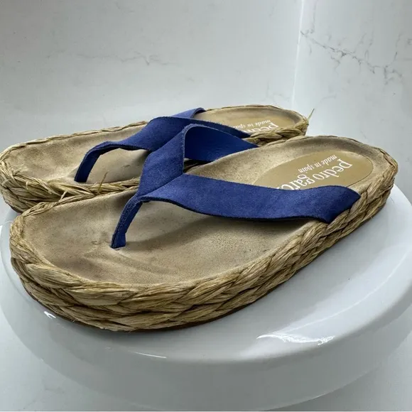 Pedro Garcia Blue Raffia Espadrilles with Tan Footbed Size 6.5 US/ 36.5EU