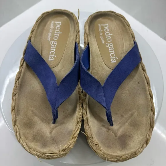 Pedro Garcia Blue Raffia Espadrilles with Tan Footbed Size 6.5 US/ 36.5EU