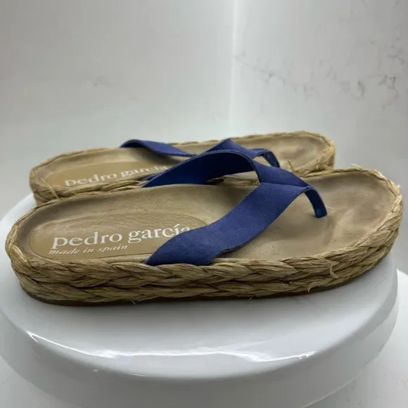 Pedro Garcia Blue Raffia Espadrilles with Tan Footbed Size 6.5 US/ 36.5EU