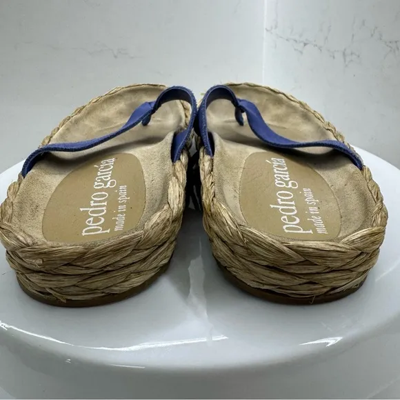 Pedro Garcia Blue Raffia Espadrilles with Tan Footbed Size 6.5 US/ 36.5EU