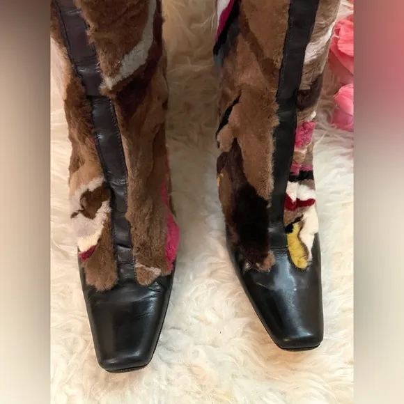 Peter Kent Fur Patchwork Heeled Boots Vintage 8