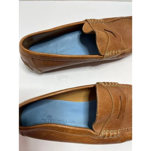 Peter Millar Mens Pebbled Leather Slip On Loafers Tan Size 9.5