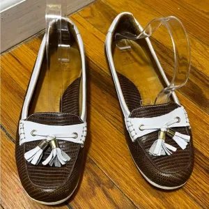 PETER MILLAR Women’s Leather Driving Loafer Brown White w/ Tassels Sz 7 $200