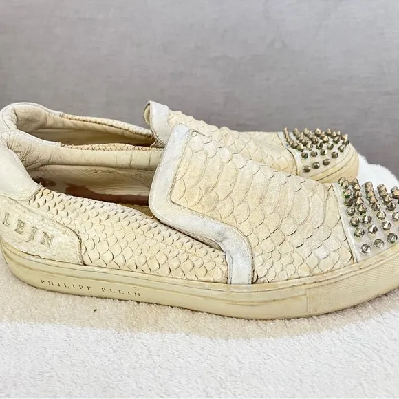 PHILIPP‎ PLEIN STUDDED WHITE LOAFERS/SLIP ONS MENS 12 FAIR CONDITION