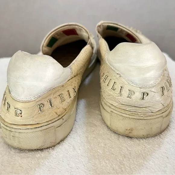 PHILIPP‎ PLEIN STUDDED WHITE LOAFERS/SLIP ONS MENS 12 FAIR CONDITION