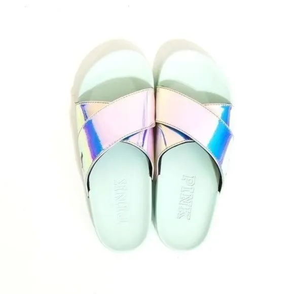 PINK Victorias Secret Iridescent Slides Criss Cross Sandals Size 7 M