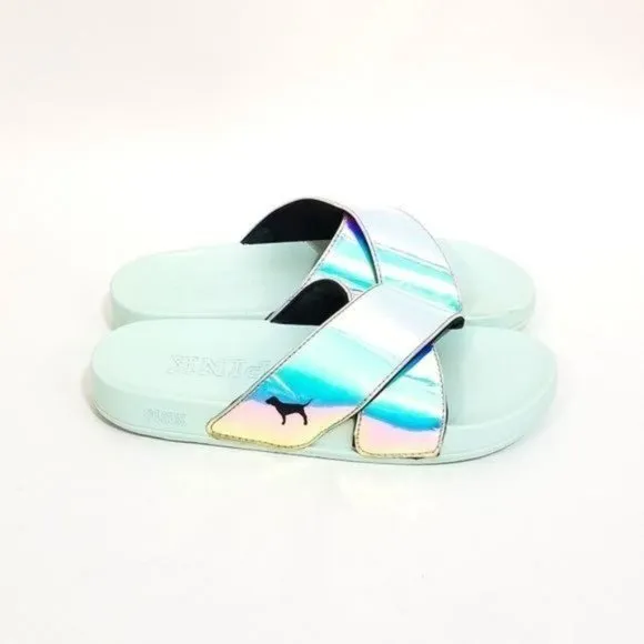 PINK Victorias Secret Iridescent Slides Criss Cross Sandals Size 7 M